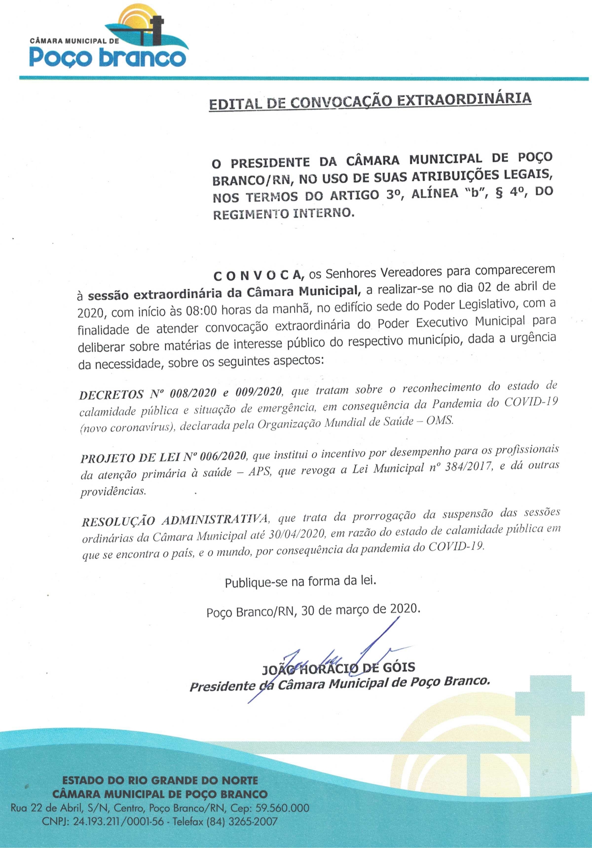 EDITAL DE CONVOCAÃ‡ÃƒO SESSÃƒO EXTRAORDINÃRIA